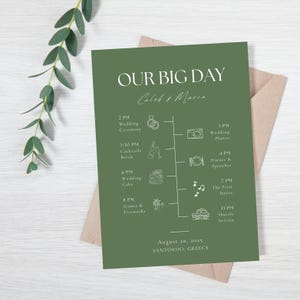 Sage Green Minimalist Wedding Itinerary Template, Dusty Green Program, Modern Timeline, Printable Olive Green Card, Editable Order Of Events