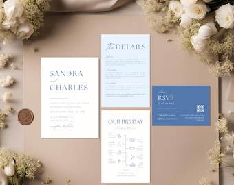 Blue Minimalist Wedding Invitation Suite Template, French Blue Modern Invitations Set, Dusty Blue Invitation RSVP Set, Details QR DIY Bundle
