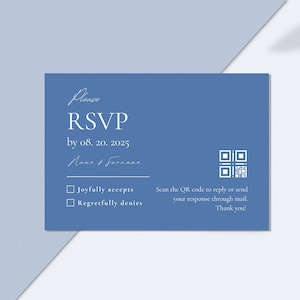 May include: Blue RSVP card with a QR code, the text "Please RSVP by 08. 20. 2025", a line for a name and surname, and two checkboxes: "Joyfully accepts" and "Regretfully denies".