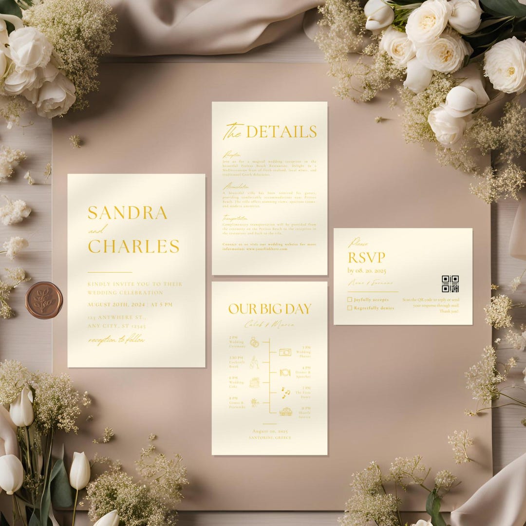 Light Yellow Background Wedding Invitation Set Template, Modern Invite ...