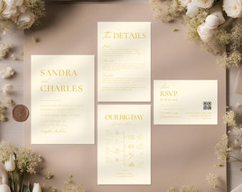 Light Yellow Background Wedding Invitation Set Template, Modern Invite Suite, Editable Lemon Invites Bundle, QR Rsvps, Pastel Yellow Program