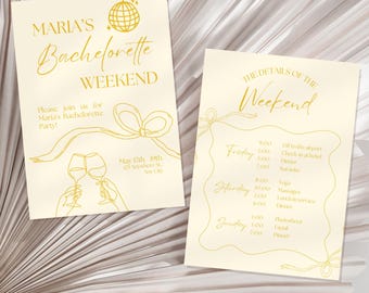 Light Yellow Bachelorette Weekend Invitation Template, Printable Hen Party Canva Program, Hand Drawn Bach Invites, Custom DIY Bach Itinerary