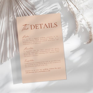 Terracotta Minimalist Wedding Details Template, Fall Wedding Itinerary, Dusty Rose Program, Printable Enclosure Card, Editable Rust Timeline