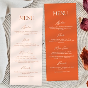 Orange Wedding Menu Card Template, Printable Tall Menu, Editable Handwritten Table Menu, Custom Bohemian Place Card Menu, DIY Reception Menu