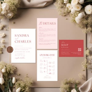 Red Minimalist Wedding Invitation Suite Template, Modern Invitations Set, Burgundy Invitation RSVP Set, Details QR Code, Burgundy DIY Bundle