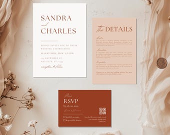 Terracotta Wedding Invitation Set Template, Minimalist Invitation QR Suite, Rust Invite Bundle, Burnt Orange Invite, Editable Boho Templates