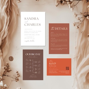 May include: Wedding invitation suite with a modern design. The invitation cards are in shades of brown, orange, and white. The text on the cards includes the names "Sandra and Charles", the date "August 20th, 2024", and the time "5:00 PM". The cards also include a timeline of events for the wedding day.