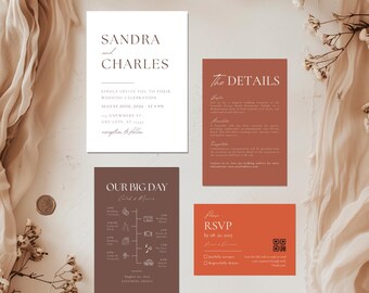 Terracotta Minimalist Wedding Invitation Suite Template, Orange Bohemian Invitate Set, Rust Invitation RSVPs Set, Brown Invitation QR Bundle