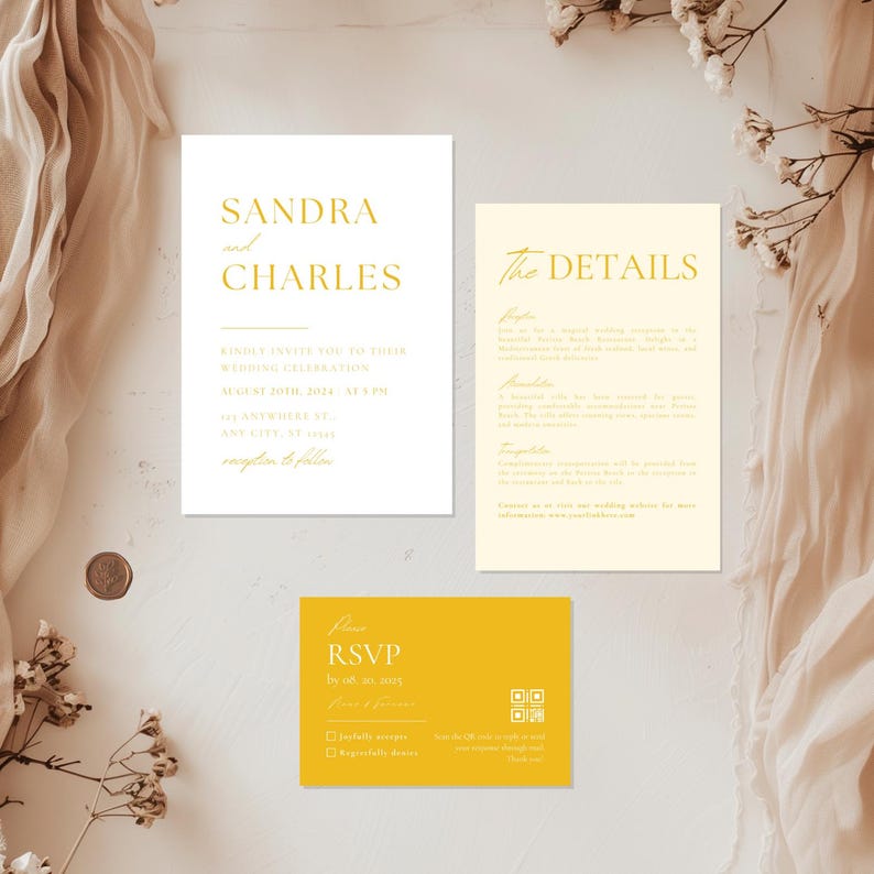 May include: Wedding invitation suite with a yellow and white color scheme. The main invitation card features the names "Sandra and Charles" in gold lettering. The details card includes information about the wedding ceremony, reception, and RSVP details. The RSVP card has a QR code for guests to easily respond.