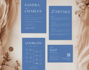 Blue Modern Wedding Invitation Suite Template, Blue Wedding Set, Printable Blue Invitation RSVP Set, Details QR DIY Bundle, Instant Download