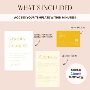 May include: A digital wedding invitation template set in Canva. The set includes a 5x7 inch invitation, a 4x6 inch invitation, a 4x6 inch details card, and a 5x3.5 inch RSVP card. The cards feature a minimalist design with gold text on a white background. The text on the invitation reads "Sandra and Charles" and "Kindly invite you to their wedding celebration August 20th, 2024 at 4 PM Anywhere, SY Any City, ST 00000 reception to follow". The text on the details card reads "The Details". The text on the RSVP card reads "RSVP by 20th of January".