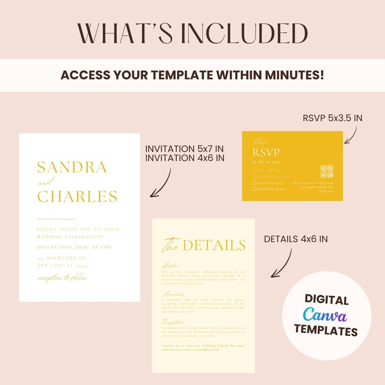 May include: A digital wedding invitation template set in Canva. The set includes a 5x7 inch invitation, a 4x6 inch invitation, a 4x6 inch details card, and a 5x3.5 inch RSVP card. The cards feature a minimalist design with gold text on a white background. The text on the invitation reads "Sandra and Charles" and "Kindly invite you to their wedding celebration August 20th, 2024 at 4 PM Anywhere, SY Any City, ST 00000 reception to follow". The text on the details card reads "The Details". The text on the RSVP card reads "RSVP by 20th of January".