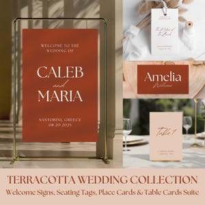 Terracotta Wedding Suite Template, Modern Welcome Sign, Reserved Seating Set, Boho Table Number, DIY DIY Place Cards, Canva Instant Download