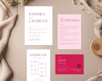 May include: Wedding invitation suite featuring pink and white cards. The main card displays the names Sandra and Charles in a bold, red font. Other cards provide details about the wedding, a timeline of events, and an RSVP card with a QR code.