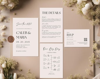 Wedding Invitation Suite, Minimalist Invitation Template Set, Modern Invitation Set, Invite Suite With QR Code, Detail RSVP Bundle, Download