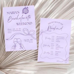 May include: A purple and white invitation for a hen weekend with a disco ball graphic and a line drawing of two wine glasses. The invitation includes the text "MARIA'S Bachelorette WEEKEND" and the details of the weekend, including the date, time, and activities.