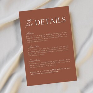 Brown Minimalist Wedding Details Template, Modern Boho Wedding Itinerary, Brown DIY Program, Printable Enclosure Cards, Custom Rust Timeline