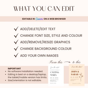 May include: A checklist of editable features for a digital invitation template. The features include adding, deleting, and editing text, changing font size, style, and color, adding, removing, and resizing graphics, changing background color, and adding your own images. The text "From this to this" is shown with two example invitations, one with the text "Caleb & Maria" and the other with the text "John & Sarah".