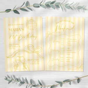 May include: Two-page invitation with a light yellow striped background. The left page says "MARIA'S 21st Birthday" with event details. The right page lists weekend activities. Gold line art and text are used throughout.