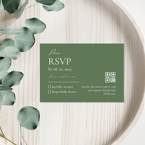 Sage Green Minimalist Wedding RSVP Qr Code Card, Dusty Green RSVP, Wedding Response Website Card, Printable Online Rsvp, Editable Reply Card