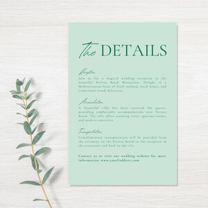 Green Modern Wedding Details Template, Earthy Itinerary, Editable Dark Green Program, Printable Enclosure Card, Custom Greenery DIY Timeline