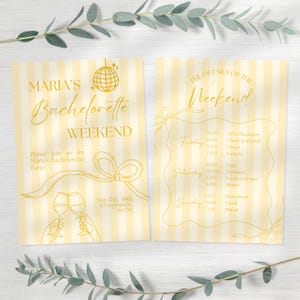 May include: Two-page invitation with a yellow and white striped background. The left page reads "Maria's Bachelorette Weekend" in gold script. The right page lists weekend details. Includes a disco ball graphic.