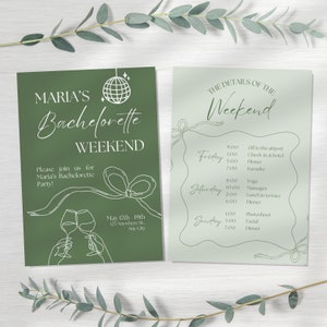 Bachelorette Weekend Invitation Template, Printable Hen Party Program, Hand Drawn Bachelorette Invitations, Custom Sage Green Bach Itinerary