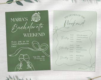 May include: Green and white invitation for a bachelorette weekend. The invitation includes the name Maria's Bachelorette Weekend, the date May 17th-19th, and the address 123 Anywhere St., Any City. The invitation also includes a list of activities for the weekend, including yoga, massages, lunch, dinner, and karaoke.