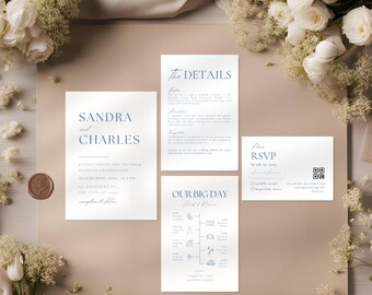 Blue Minimalist Wedding Invitation Suite Template, French Blue Modern Invitations Set, Dusty Blue Invitation RSVP Set, Details QR DIY Bundle