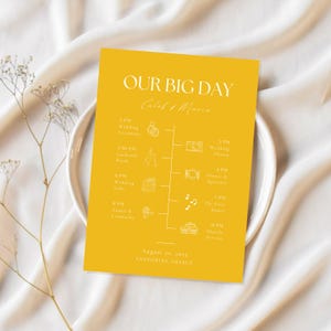 Yellow Minimalist Wedding Itinerary Template, Yellow Program, Modern Wedding Timeline, Printable Wedding DIY Cards, Editable Order Of Events