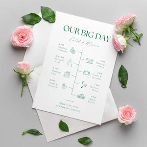 Green Modern Wedding Itinerary Template, Customizable Dark Green Program, Printable Green Timeline, Editable Order Of Events, Earthy Invites