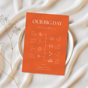 Orange Minimalist Wedding Itinerary Template, Orange Program, Modern Wedding Timeline, Printable Wedding DIY Cards, Editable Order Of Events