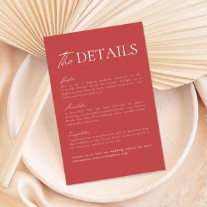 Red Minimalist Wedding Details Template, Modern Burgundy Itinerary, Sage Red Program, Printable Enclosure Card, Custom Burgundy DIY Timeline