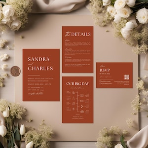 May include: A wedding invitation suite featuring terracotta-colored cards with white text. The suite includes an invitation, details card, RSVP card, and a timeline card. Floral arrangements and a wax seal surround the cards.