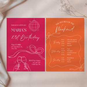 Peut inclure: Invitation à deux volets pour le 21e anniversaire de Maria. Le panneau de gauche est rose vif avec du texte et des illustrations blancs, y compris les détails de l'événement. Le panneau de droite est orange, détaillant le programme du week-end.