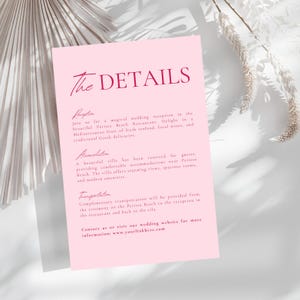 Pink Wedding Details Template, Modern Hot Pink Itinerary, Editable Program, Printable Enclosure Cards, Customizable Pastel Pink DIY Timeline
