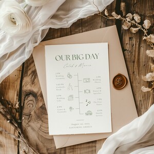 Sage Green Minimalist Wedding Itinerary Template, Dusty Green Program, Modern Timeline, Printable Olive Green Card, Editable Order Of Events