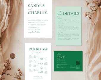 Green Wedding Invitation Set QR Template, Custom Modern Invites Itinerary Suite, Editable Dark Green Invite Bundle, Printable Greenery Rsvps