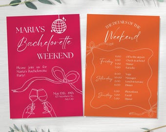 Pink Bachelorette Weekend Invitation Template, Printable Hen Party Program, Orange Bach Invites, Editable Bachelorette Itinerary, Girls Trip