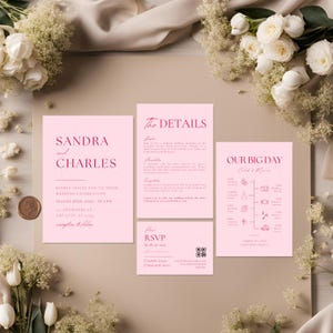 Light Pink Modern Wedding Invitation Suite Template, Pink Invite Set, Pink Invite RSVP Set, Details QR Code Invites, Pink DIY Wedding Bundle