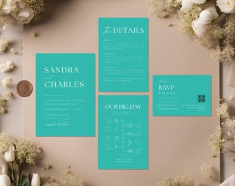Teal Modern Wedding Invitation Suite Template, Blue Wedding Set, Printable Teal Invitation RSVP Set, Details QR DIY Bundle, Instant Download