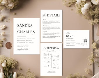Minimalist Wedding Invitation Set Template, Modern Invitation QR Code, Printable Simple Invitation Suite, Editable Elegant Invitation Bundle