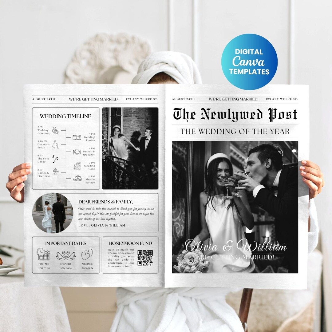 Large Printable Wedding Newspaper Program Template, Editable Wedding ...