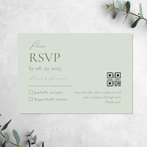 Light Green Minimalist Wedding RSVP Qr Code Card, Sage Green RSVP, Wedding Response Website Card, Printable Online Rsvp, Editable Reply Card