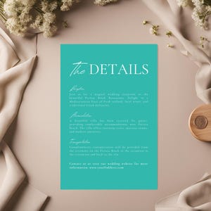 Teal Modern Wedding Details Template, Itinerary Cards, Customizable Blue Program, Printable Enclosure Card, Editable Teal Timeline, Download