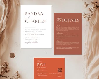 Terracotta Wedding Invitation Set Template, Minimalist Invitation QR Suite, Rust Invite Bundle, Burnt Orange Invite, Editable Boho Templates