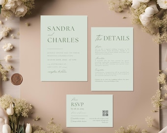 Light Green Wedding Invitation Set Template, Minimalist Sage Green Invitations Suite, Editable Dusty Green Bundle, Printable Online QR Rsvps