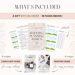 May include: A digital download for wedding planning with an 18-page ebook, a 16-page Canva edit guide, and a 16-page printing guide. The ebook includes sections on ceremony and reception, menu options, and a ring budget.