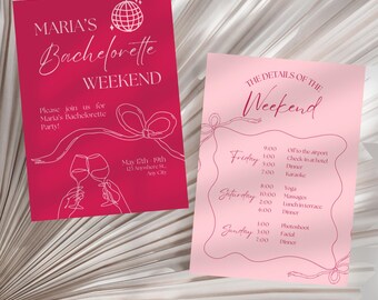 Pink Bachelorette Weekend Invitation Template, Printable Hen Party Programs, Hand Drawn Bachelorette Invitations, Custom Pink Bach Itinerary