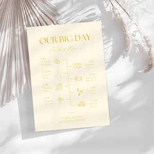 Yellow Background Minimalist Wedding Itinerary Template, Lemon Program, Modern Timeline, Printable Wedding DIY Cards, Custom Order Of Events